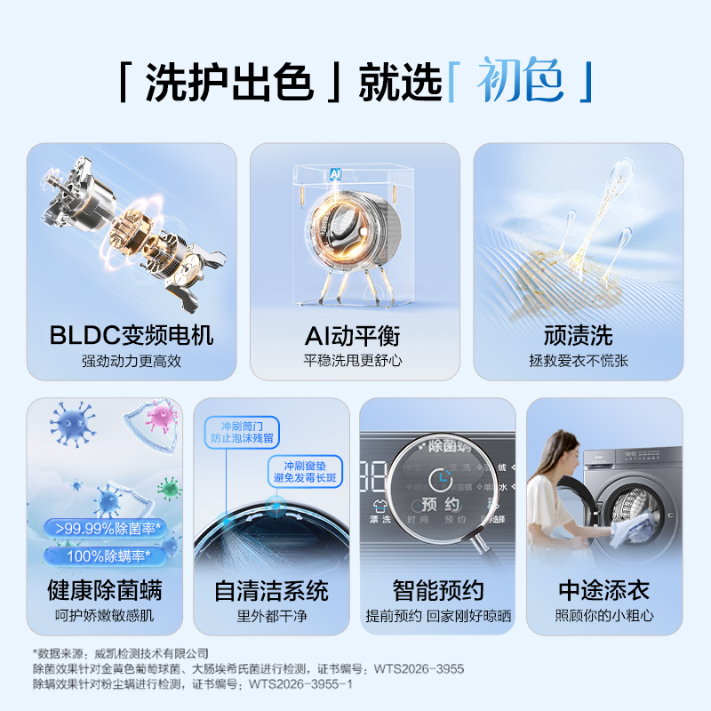 海尔(Haier)初色系列 变频 滚筒洗衣机 超薄机身 巴氏除菌 六维减震 1.21洗净比 XQG100-20D1高清大图