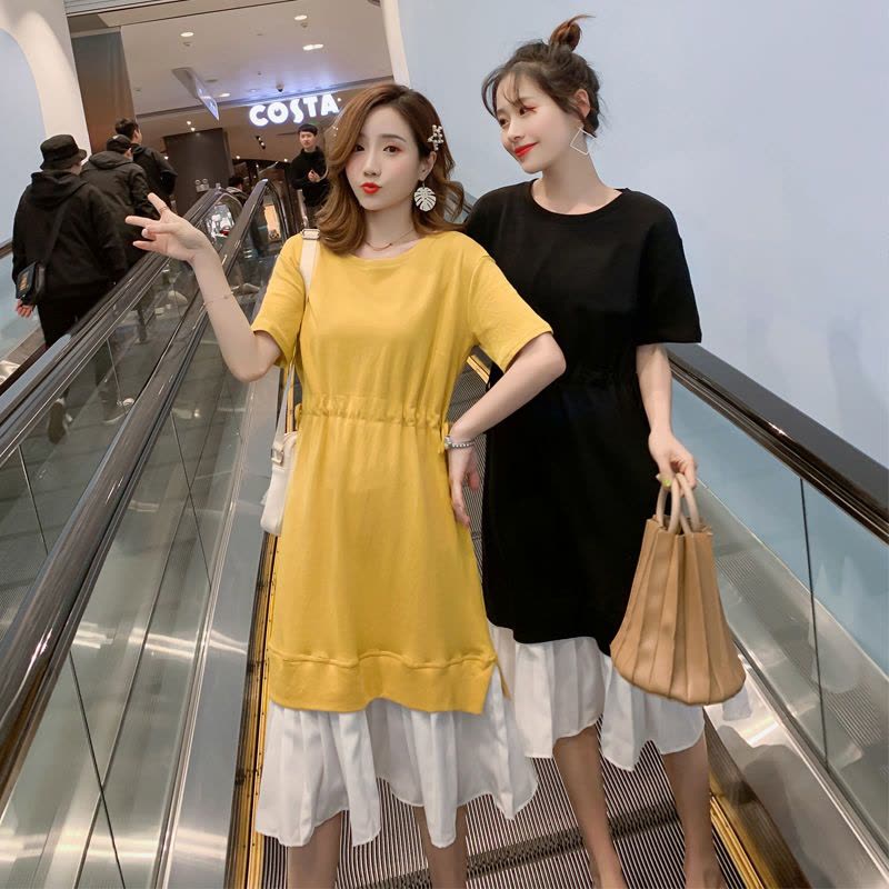辞梅孕妇装T恤夏装2019新款系带拼接假两件宽松大码胖mm中长款连衣裙图片