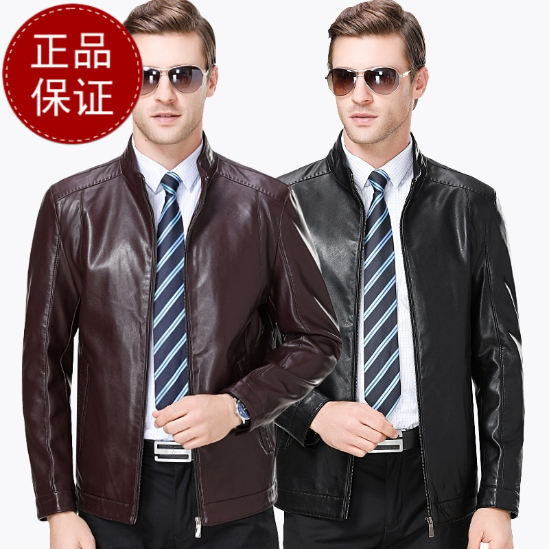 免费试穿 品牌男装正品海宁真皮皮衣男士皮夹克绵羊皮立领时尚休闲款中年真皮外套男官方旗舰店特卖特卖高清大图