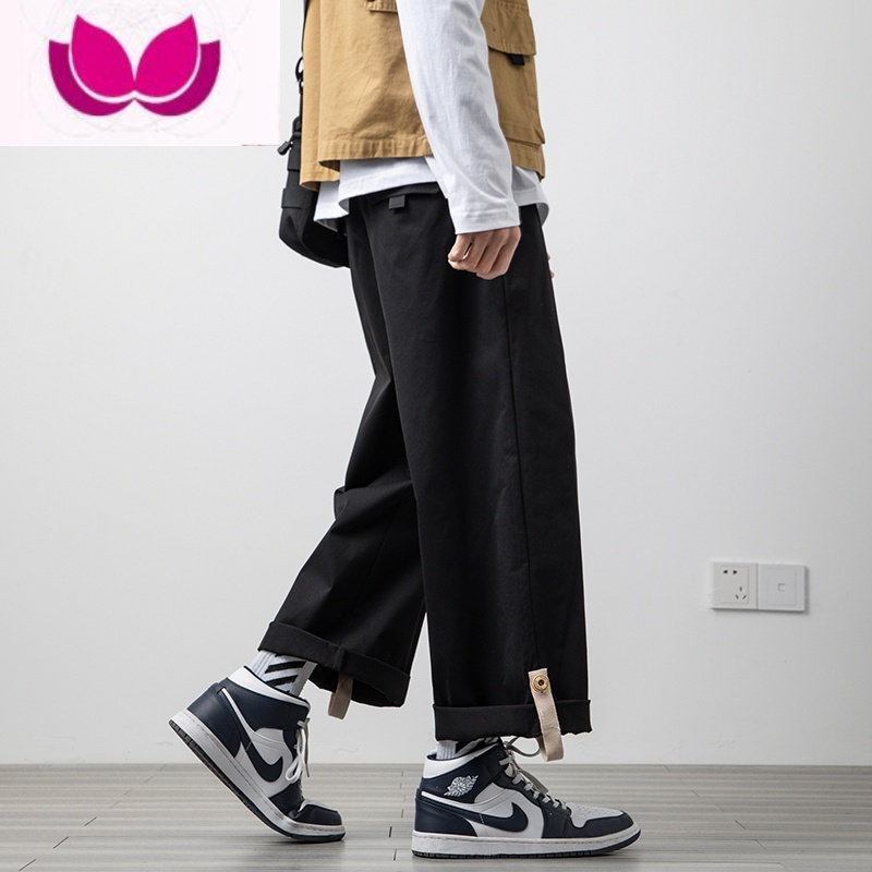 七斓卷边搭扣裤子男士宽松直筒韩版潮流大码九分休闲裤阔腿坠感