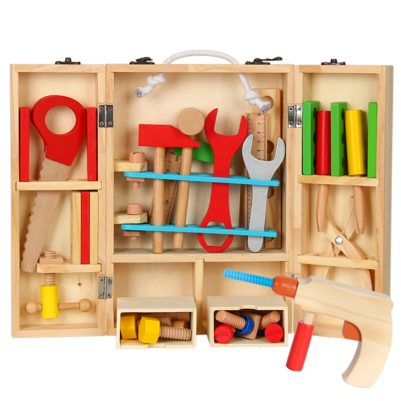 木工盒螺丝螺母木制男孩子过家家亲子互动儿童玩具儿童工具箱木钻参数