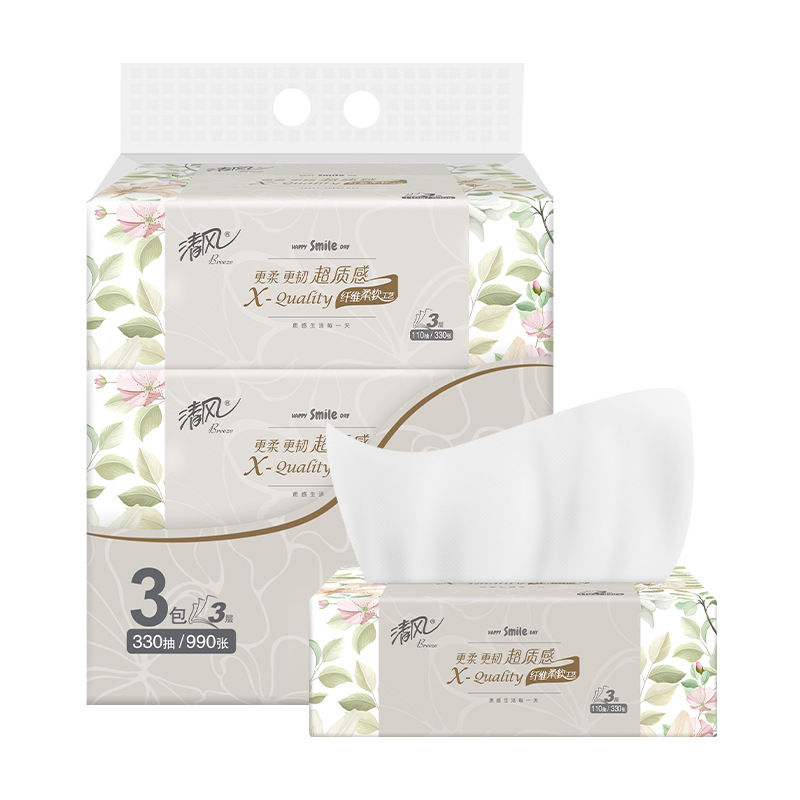 清风超质感抽纸擦手纸家用卫生纸餐巾纸 110抽/包 3包/提*3高清大图