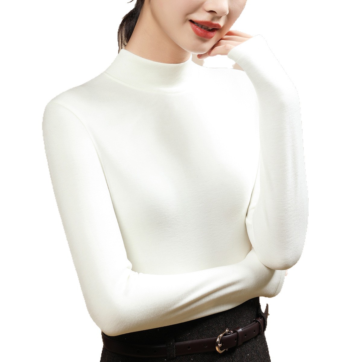 双面发热绒打底衫女秋冬内搭加绒含羊毛桑蚕丝中领半高领保暖上衣高清大图