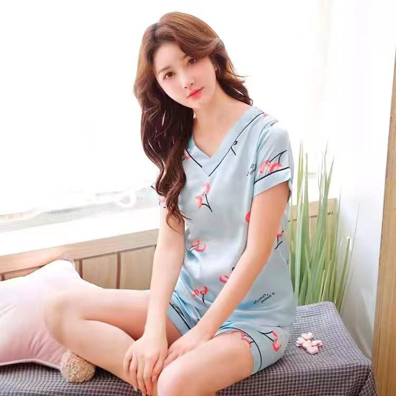 夏季睡衣女仿冰丝夏韩版清新V领薄款印花套装可外穿家居服莎丞