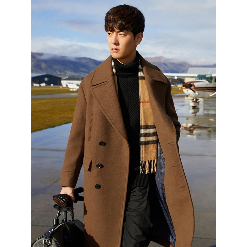 太平鸟男装翻领毛呢大衣男士双排扣中长款外套冬季商务呢大衣潮棕色xl