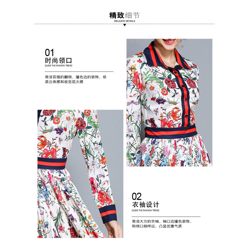 春夏新款女欧美明星款蝴蝶结长袖百褶复古碎花中长款连衣裙Y
