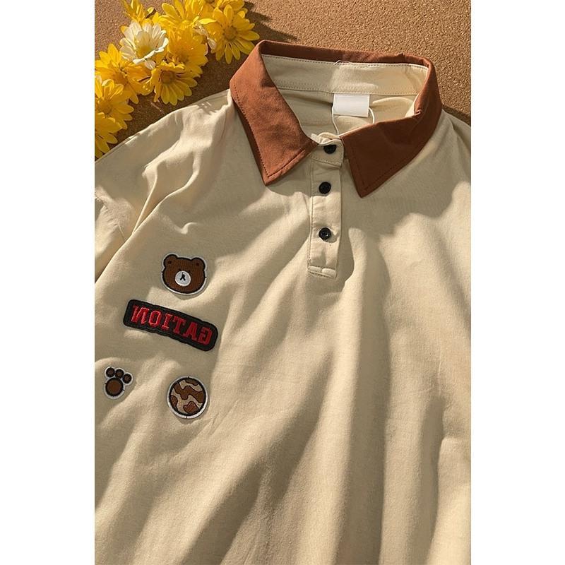 日系可爱软妹小熊polo衫女夏季宽松情侣装短袖t恤潮拼色刺绣上衣杏色m