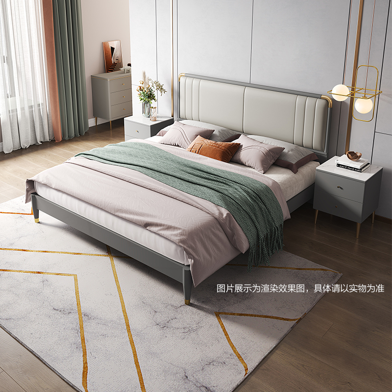 全友家居现代轻奢软靠 实木框架科技皮艺大床 鎏金点缀精致主卧框架床高清大图