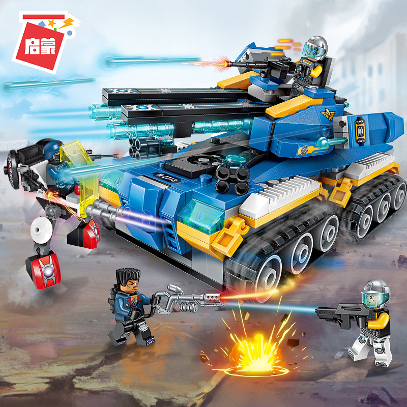 启蒙积木玩具科技时代天启坦克拼装军事模型动脑男孩儿童飞机黑色闪电