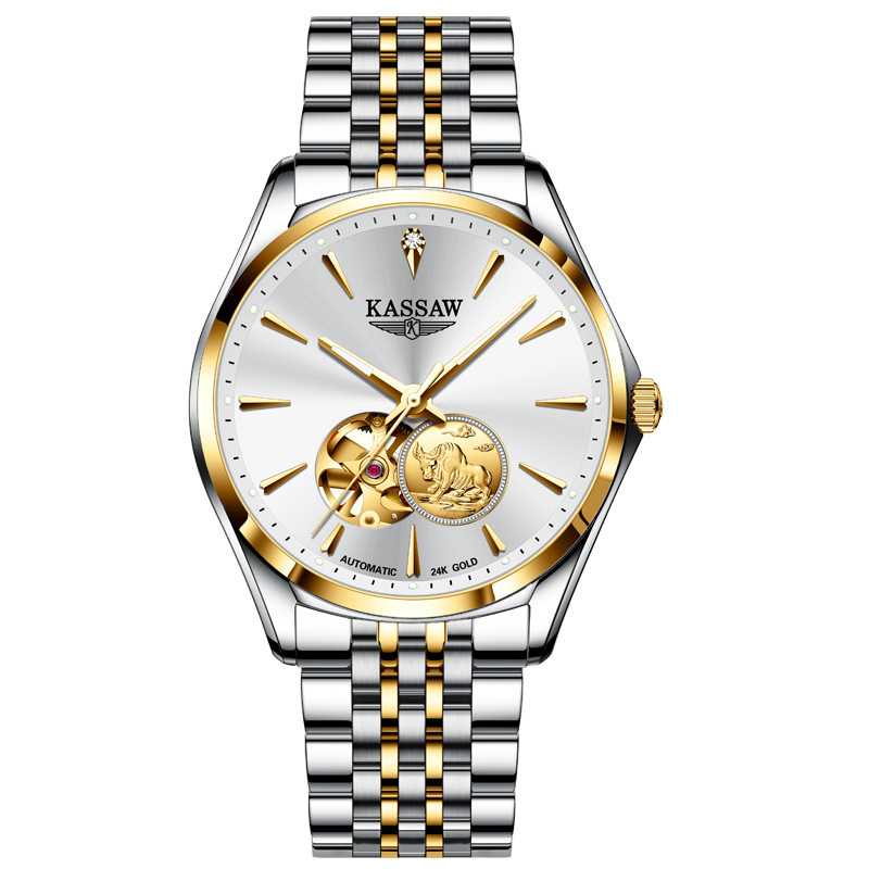 24k黄金kassaw卡梭手表男士全自动机械表男夜光防水瑞士风格钢带商务