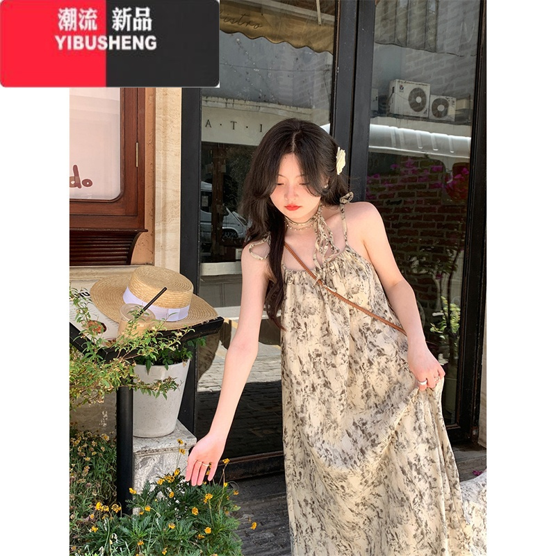 YIBUSHENG季2024新款韩版气质减龄绑带碎花设计感宽松长款吊带连衣裙女装