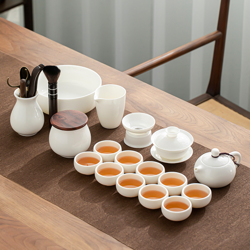 苏氏陶瓷(SUSHI CERAMICS)羊脂玉白瓷功夫茶具套装德化中国白三才盖碗泡茶壶茶洗大套礼盒装