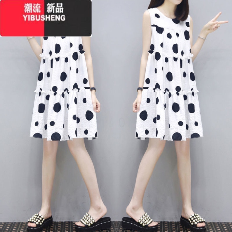 YIBUSHENGCD无袖连衣裙女春季法式复古时尚圆点中长款宽松显瘦大码娃娃裙