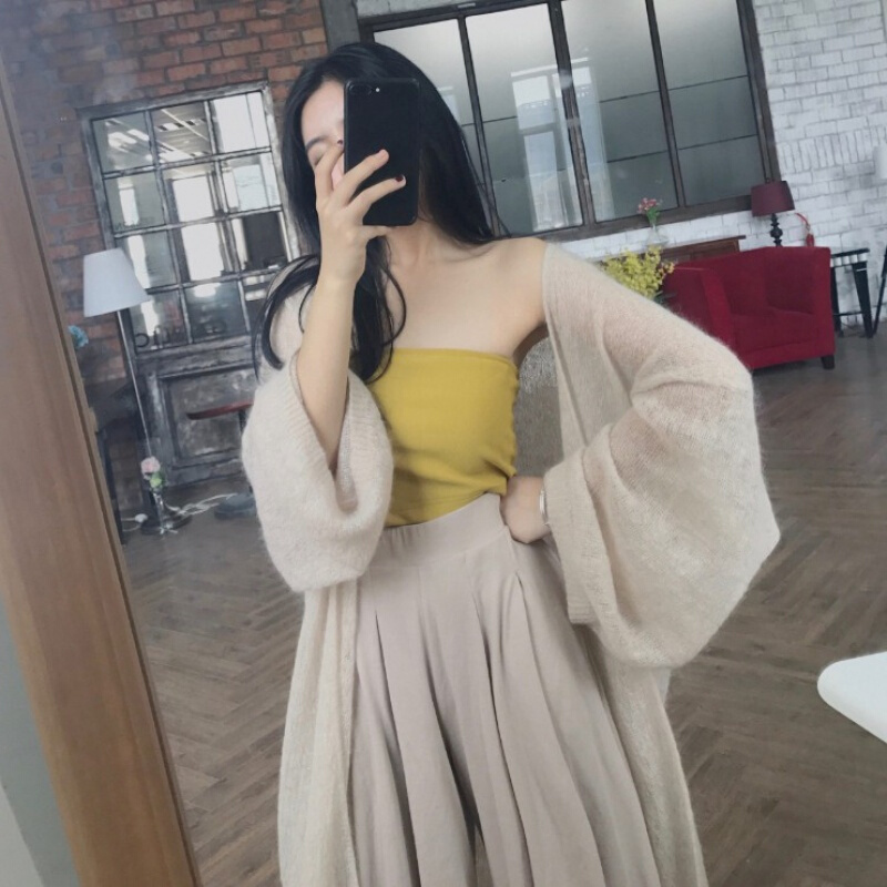 慵懒风马海毛针织开衫外套女中长款宽松百搭防晒薄款毛衣罩衫披肩 杏色 均码
