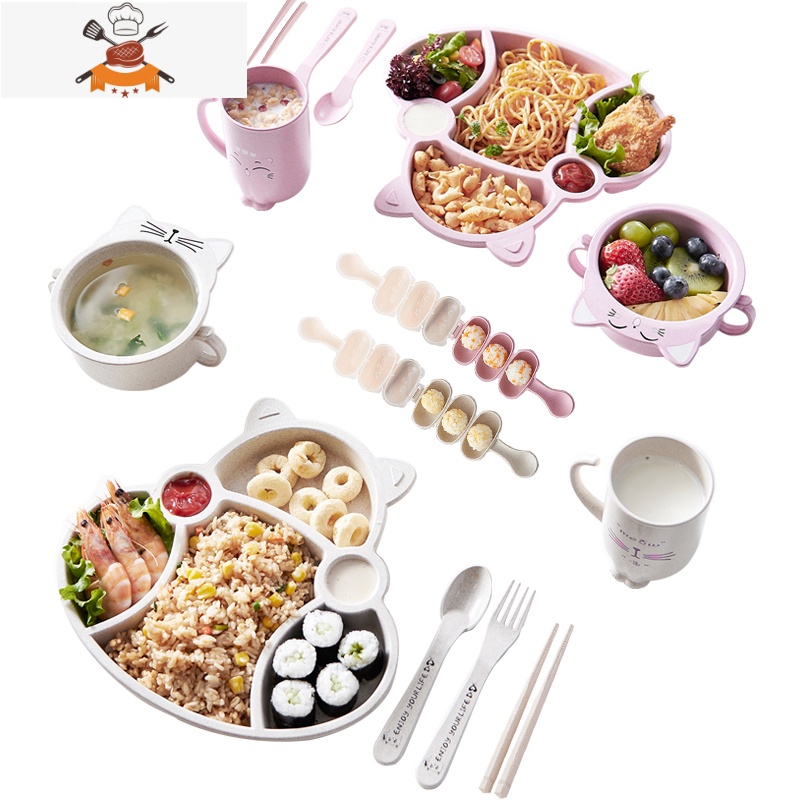 卡通儿童餐具套装分隔餐盘家用早餐盘子宝宝幼稚园分格盘饭团模具 汽车款5格8件套 北欧粉 敬平高清大图