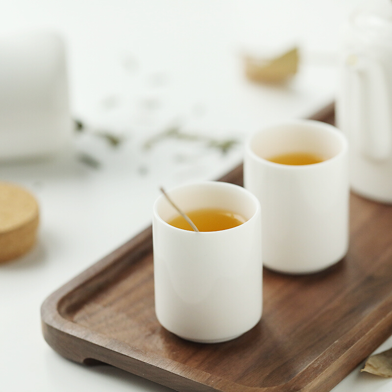 博为 白瓷茶具套装实木茶盘功夫茶具简约德化玉瓷泡茶壶茶杯 润系列长方旅行套组7头