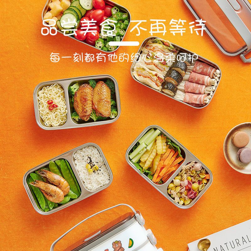 304不锈钢保温饭盒成人上班族学生带盖手提便当盒微波炉可加热 象牙白 单层PP款[无盖无内胆无勺筷]