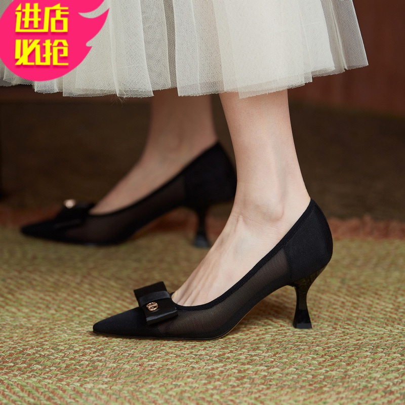 金三志网纱高跟鞋设计感小众气质温柔风晚晚鞋女2021春新款尖头细跟单鞋休闲鞋