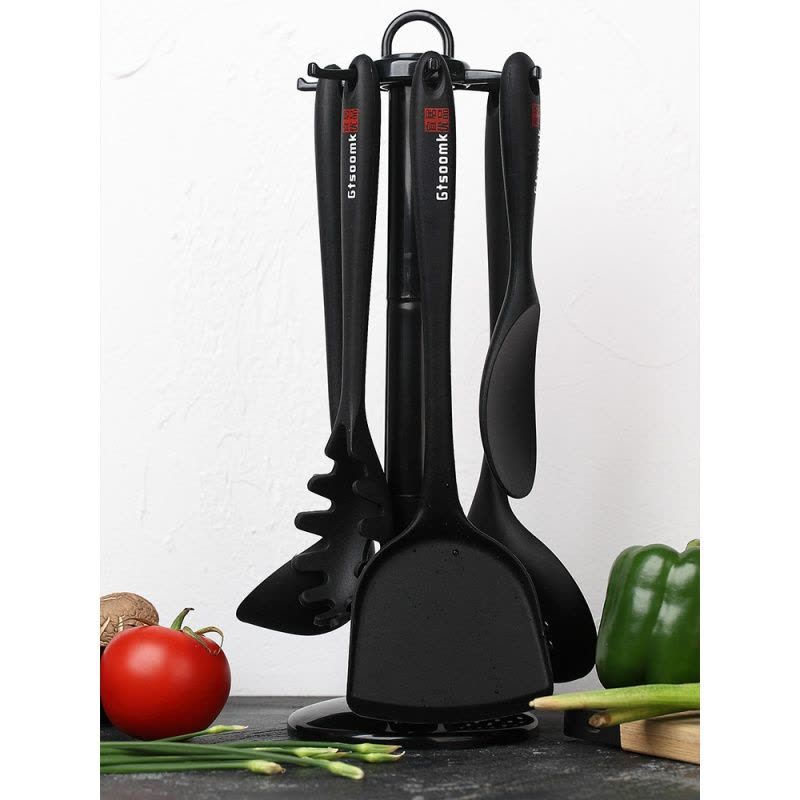 硅胶铲不粘锅专用锅铲汤勺漏勺饭勺套装可高温家用厨具炒菜铲子 敬平 黑色厨具五件套赠挂架+食物夹图片