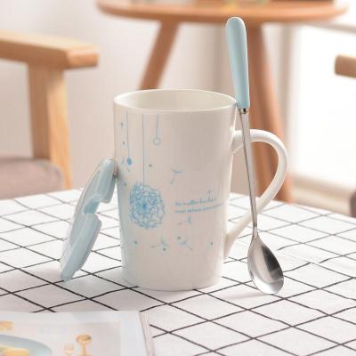 情侣杯子一对陶瓷带盖带勺创意潮流韩版马克杯带盖勺咖啡水杯 蒲公英的约定 男版(1套)带盖勺