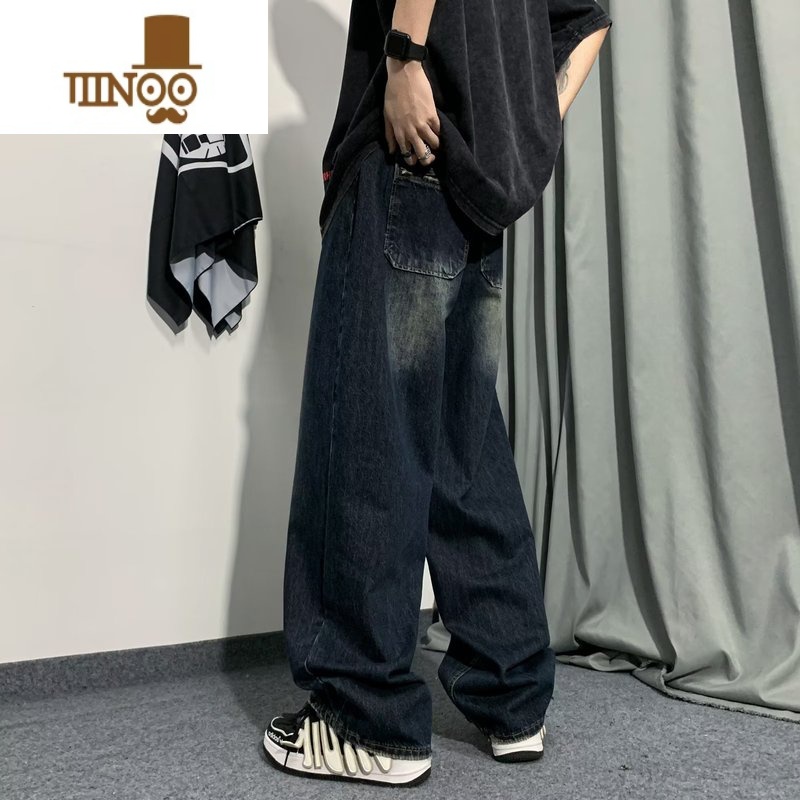 YANXU水洗做旧牛仔裤男款美式高街复古宽松阔腿裤痞帅街头垂感休闲长裤高清大图