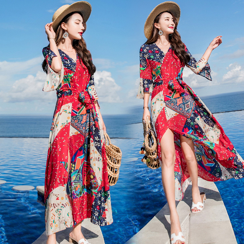 连衣裙女夏中长款雪纺显瘦巴厘岛女士新品v领海边度假裙子a沙滩裙