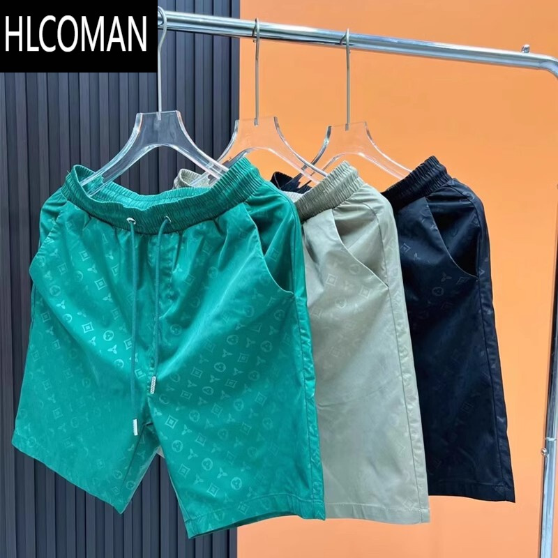 HLCOMAN欧洲站夏薄款休闲运动短裤男高端潮牌印花网红冰丝五分沙滩裤黑色