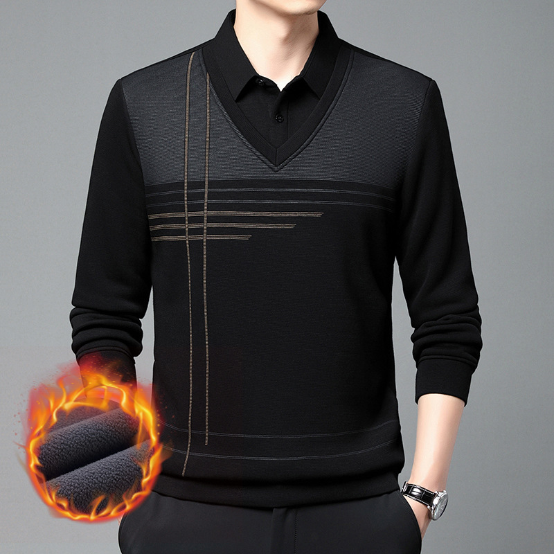 冬季新款中老年男装假两件加绒加厚保暖衬衫领休闲爸爸打底衫 8529黑色-加绒 L