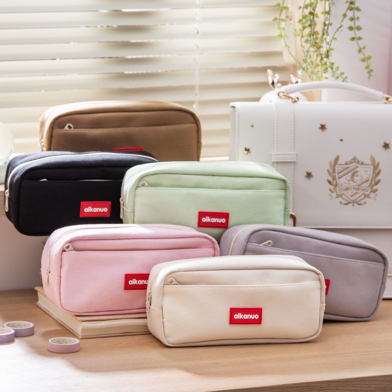 大容量笔袋日系韩国少女心笔袋简约小清新初高中学生用帆布文具盒 米