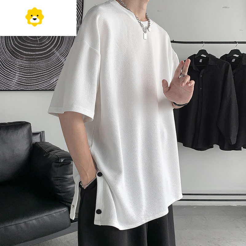 fishbasket冰丝排扣开衩半短袖t恤男加肥加大码潮胖子薄款宽松体季装