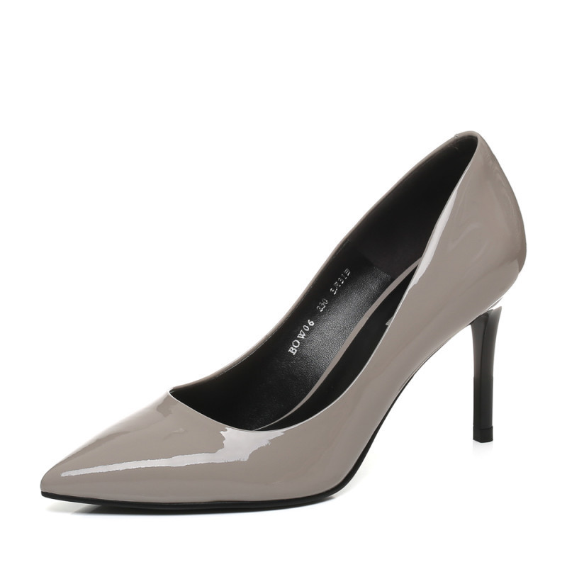 belle百丽灰色简约漆皮牛皮尖头细高跟女单鞋bow06cq7