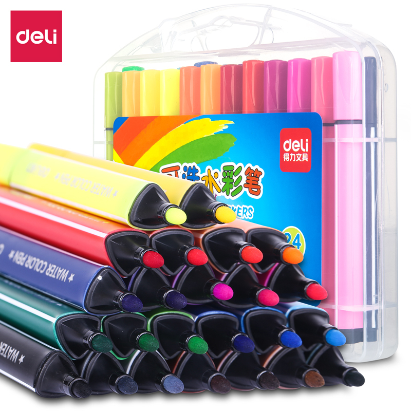 得力水彩笔24色儿童可水洗画笔幼儿园绘画套装小学生涂色水彩笔美术生专用24色彩色笔报价 参数 图片 视频 怎么样 问答 苏宁易购