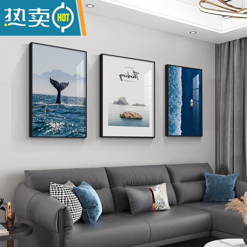 敬平客厅装饰画现代简约大海风景沙发背景墙挂画北欧艺术三联卧室墙画高清大图