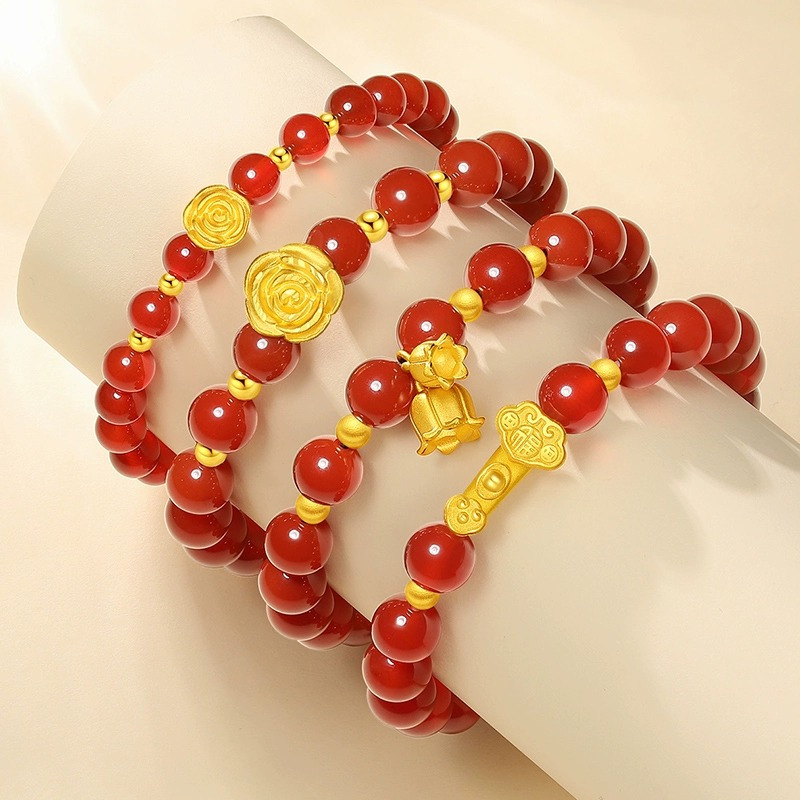 潮宏基启福如意铃兰足金玛瑙手链手饰黄金手串硬金礼物女