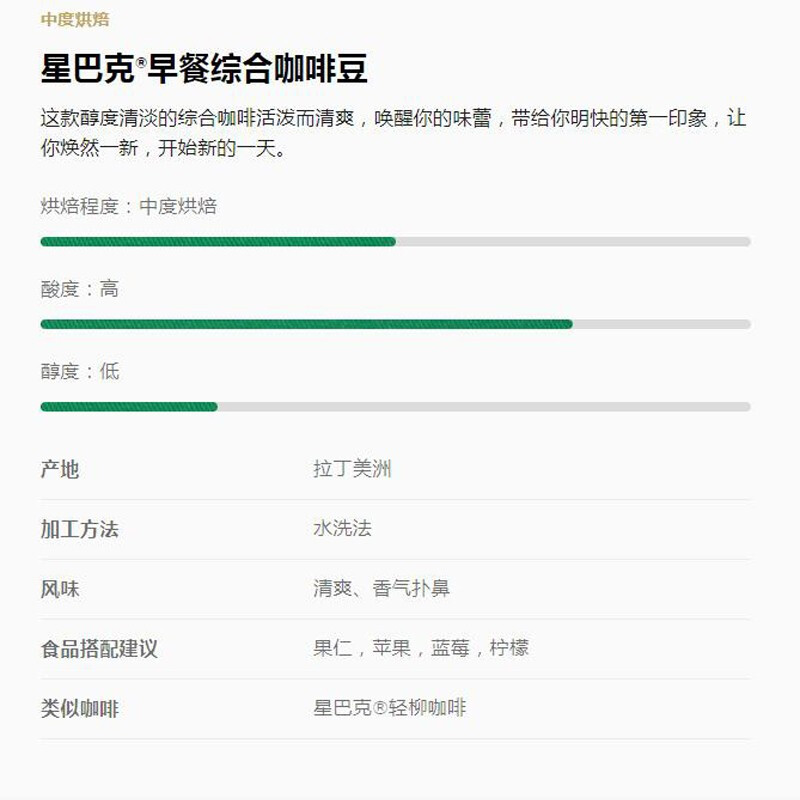 星巴克 早餐综合咖啡豆 中度烘焙 可代研磨粉 经典黑咖啡 250g/袋高清大图