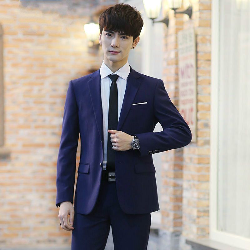 梵克公牛立领男套装修身商务休闲职业装伴郎新郎婚庆礼服蓝色双扣