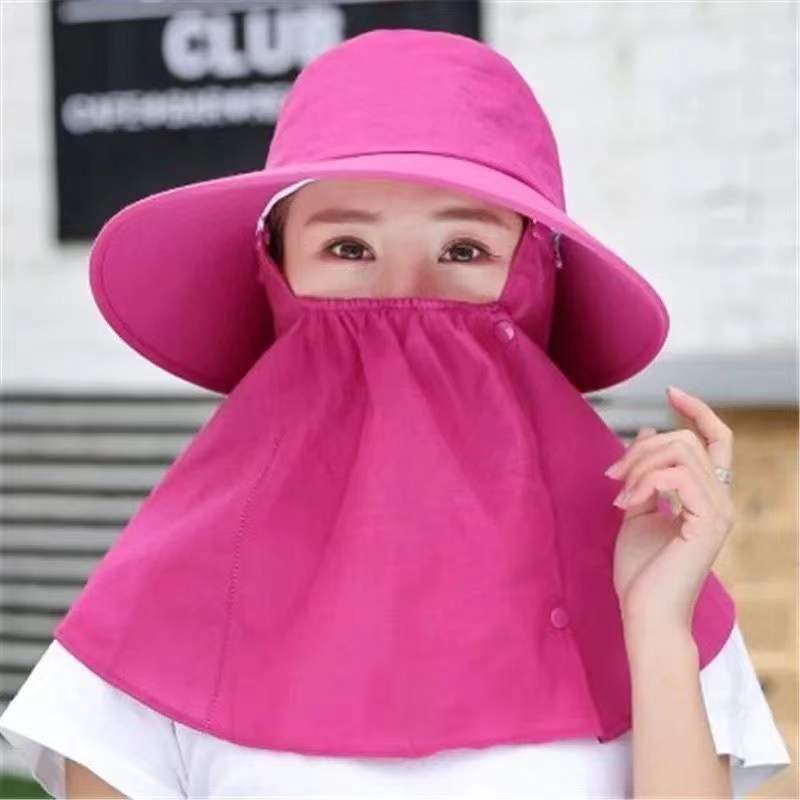 春夏季太阳帽遮脸可拆卸防护披肩帽女防晒遮阳户外防紫外采茶帽子-【深红色】1个装;全脸防晒