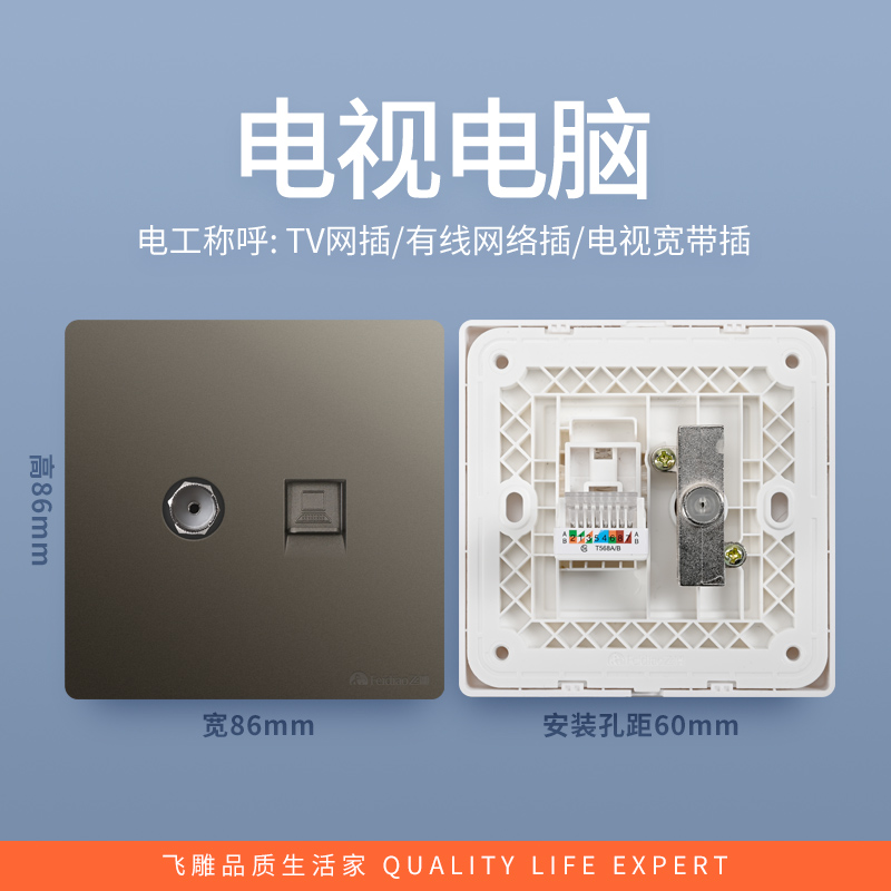 飞雕(FEIDIAO)开关插座面板 86型暗装电视电脑插座 电视电脑插座 A7荧光灰电视电脑高清大图