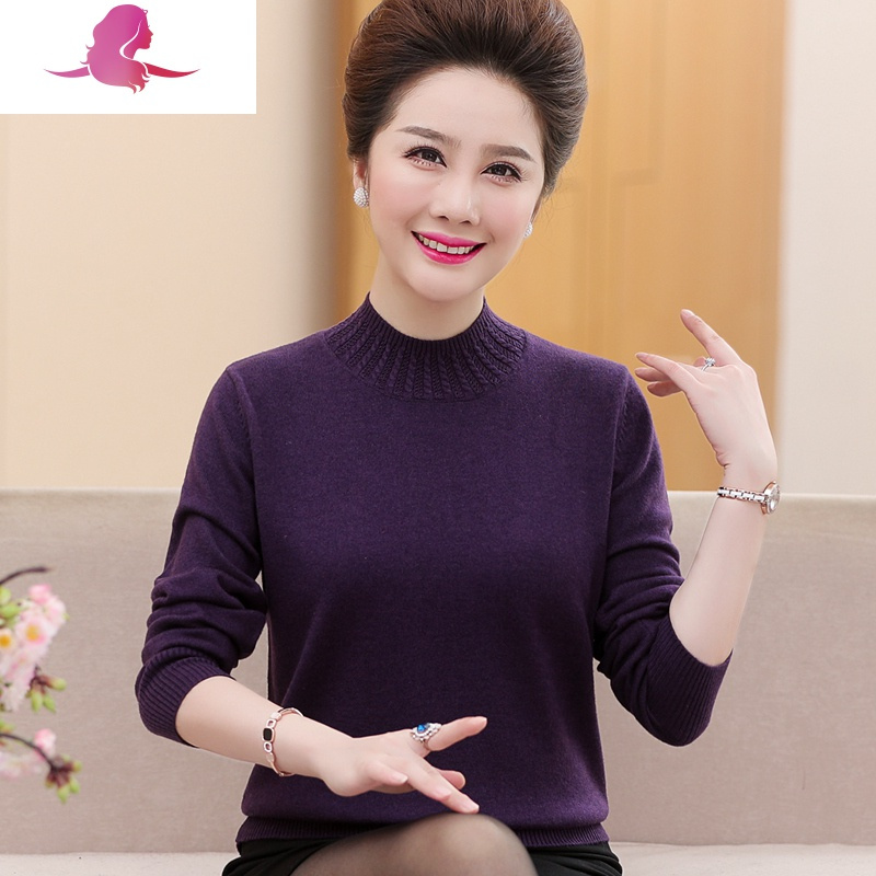 艳如飞中年妈妈装春秋打底衫新款上衣50岁中老年女装长袖短款春装毛衣妈妈装