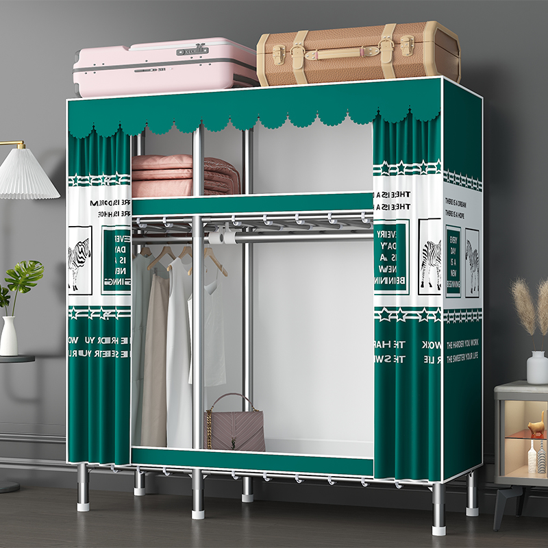 家时光铁接头简易布衣柜全钢架结构牛津布拉链款防尘式钢管加粗加固加厚高清大图