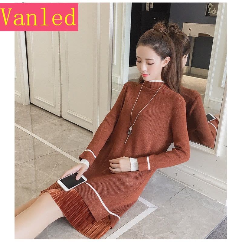 2017新款长袖修身中长款毛衣加厚百褶内搭打底裙针织连衣裙秋冬女图片