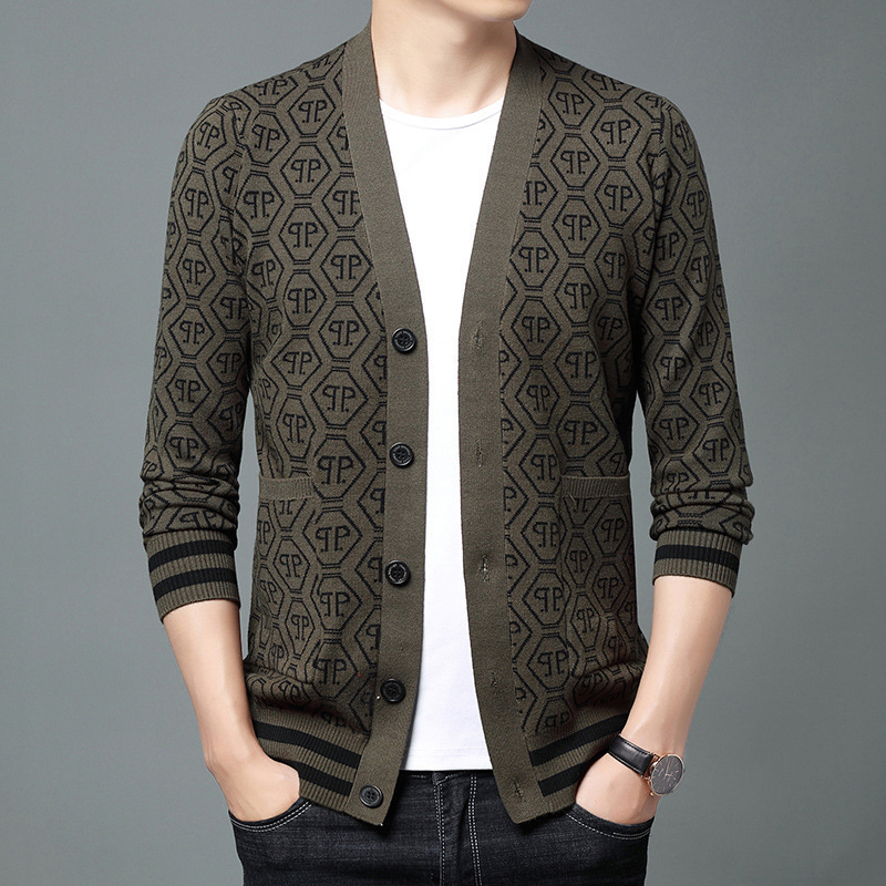 秋季男士毛衣外套潮流时尚商务休闲外穿线衣图案披肩长袖开衫男装