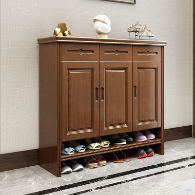 青木川 中式实木鞋柜家用门口进门入户客厅过道阳台三门四门大容量多层收纳储物鞋架玄关柜门厅柜 简约现代 三门【胡桃色120x38x110cm】