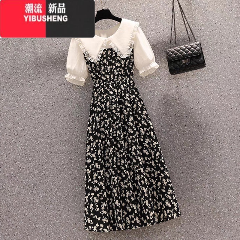 YIBUSHENG季新款娃娃领碎花连衣裙女大码洋气收腰显瘦复古中长款裙子