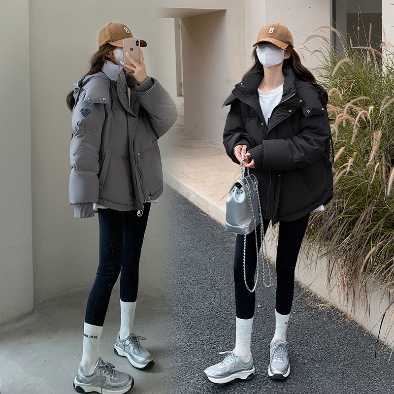 棉衣女2024冬季新款韩版灰色小爱心短款羽绒棉服学生款大码面包服高清大图