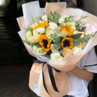 鼎卉鲜花速递 4朵向日葵香槟玫瑰鲜花花束 送长辈生日礼物 教师节鲜花礼物探望病人鲜花 北京天津杭州全国同城花店送花