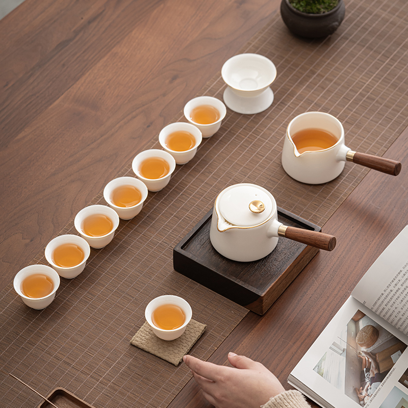 苏氏陶瓷(SUSHI CERAMICS) 描金羊脂玉茶具套装双侧把壶纯白瓷功夫茶杯8杯礼盒装套装