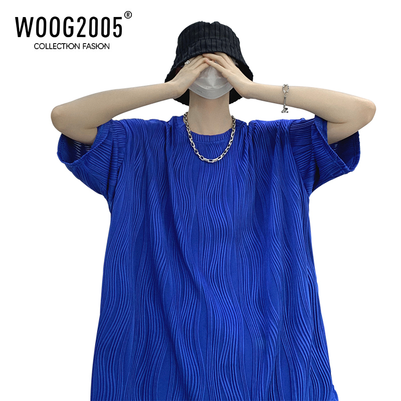 WOOG2005克莱因蓝短袖男设计感小众褶皱肌理感冰丝T恤七7分袖
