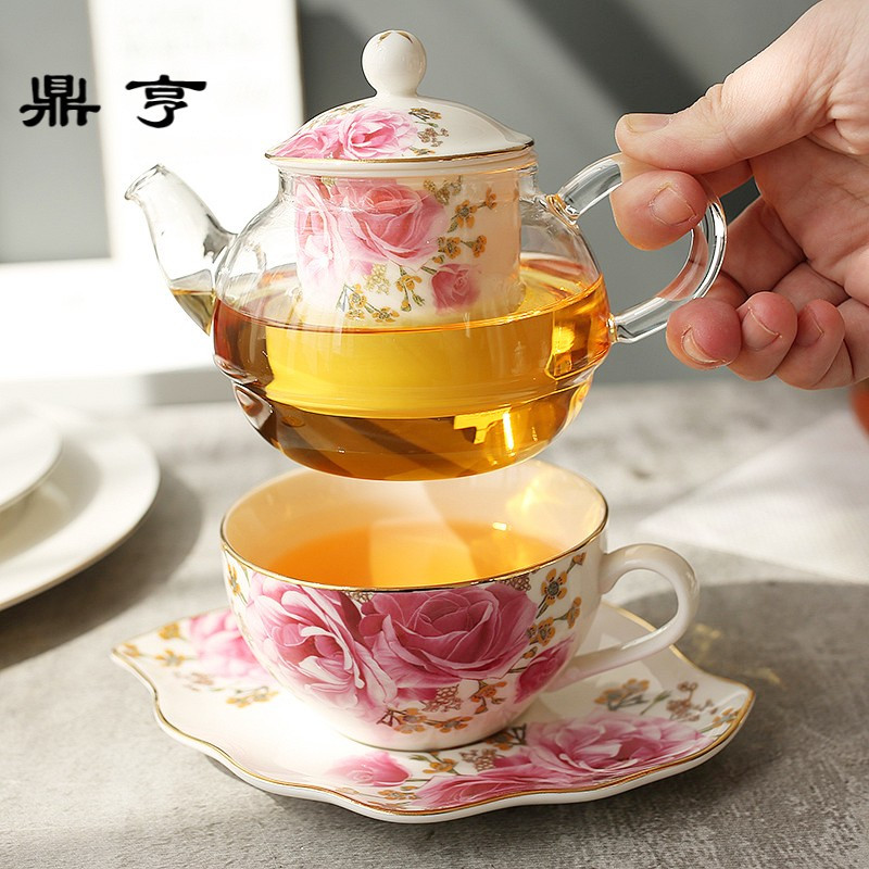 鼎亨单人茶具 下午红茶杯碟套装 陶瓷玻璃花茶茶具 欧式创意咖啡