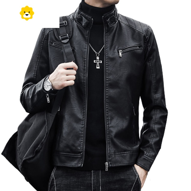 fish basket立领皮衣薄款夹克男士春秋季新款潮流修身百搭加绒加厚